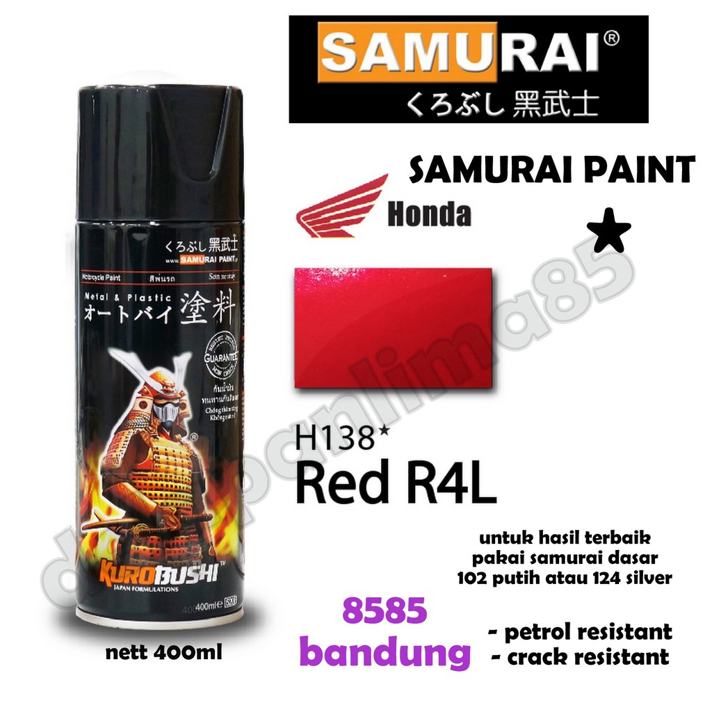 Samurai Paint H138* RED R4L/ MERAH HONDA Cat Semprot/Pylox/Pilox/Pilok/Helm/Motor/Gundam