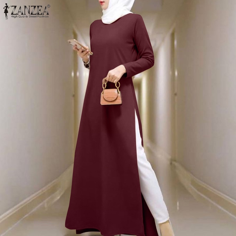 ZANZEA Women Casual Solid Long Sleeve Slit Side Hem Muslim Long Dress