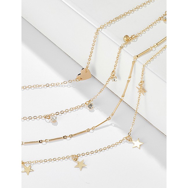 LRC Kalung Fashion Golden Five-pointed Star Diamond Love Alloy Multi-layer K51446