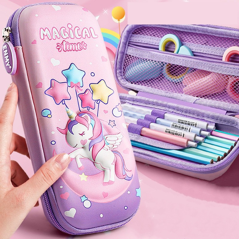 Kotak Pensil Tiga Lapis Motif Unicorn 3D Bahan EVA Kapasitas Besar Untuk Anak Sekolah