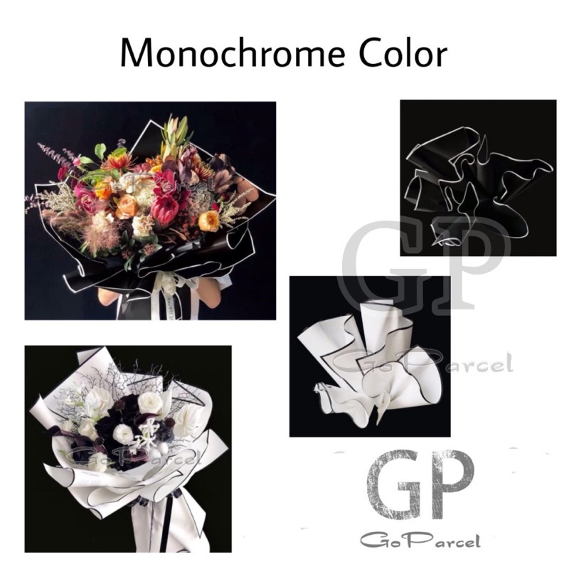 ( 5 Lembar ) MONOCHROME COLOR - FLOWER WRAPPING PAPER BLACK &amp; WHITE HITAM PUTIH MONOCHROME KOREAN PLASTIC CELLOPHANE KERTAS BUNGA FLORIST