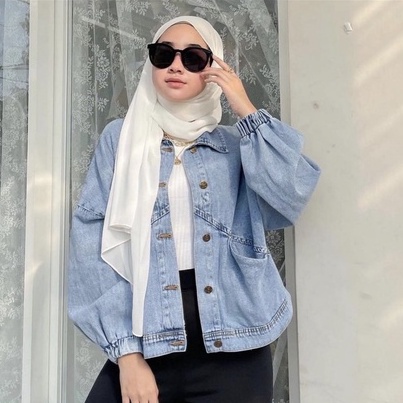 Jaket Jeans Tebal Oversize Wanita Lengan Manset Sava Carbera | Jaket Jeans Wanita Hype Tangan Karet