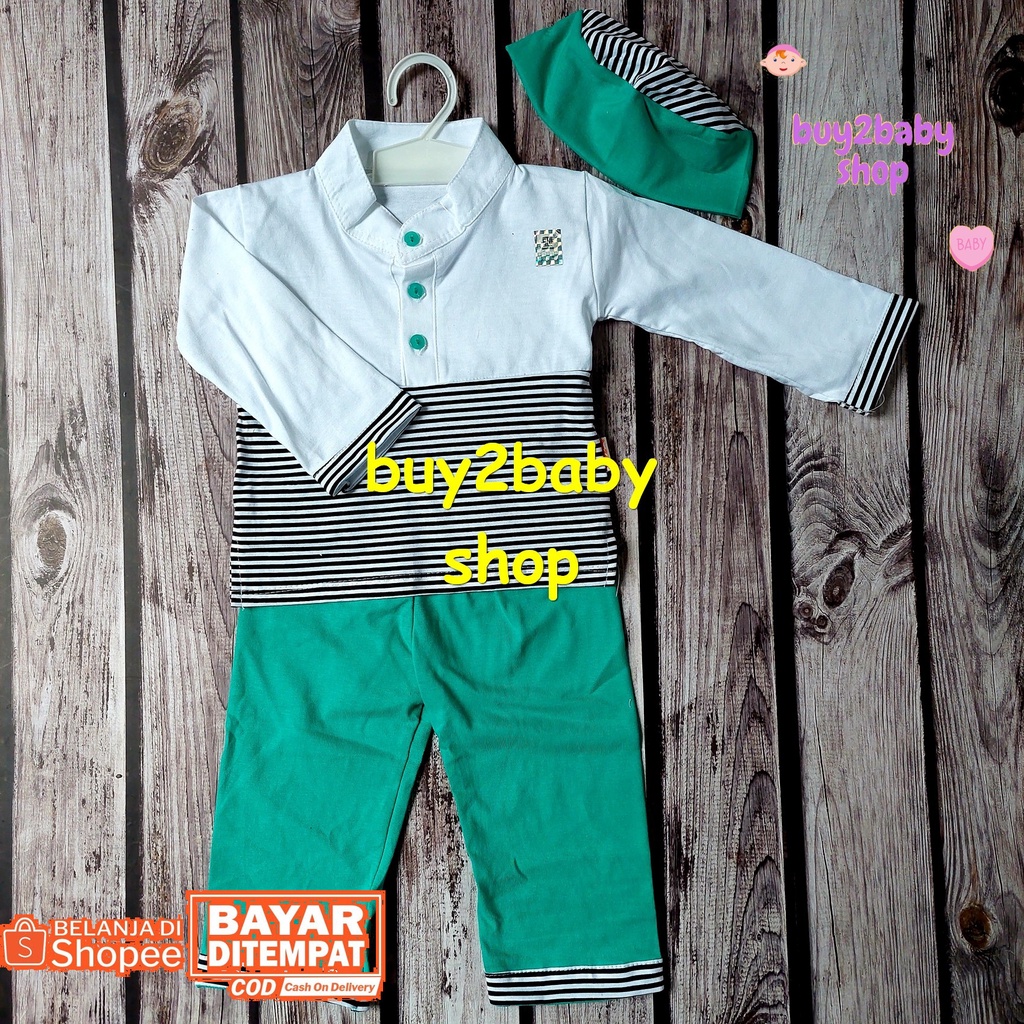 Baju lebaran bayi set baju koko plus peci motif salur warna Vinata 6-12 Bulan 1 set