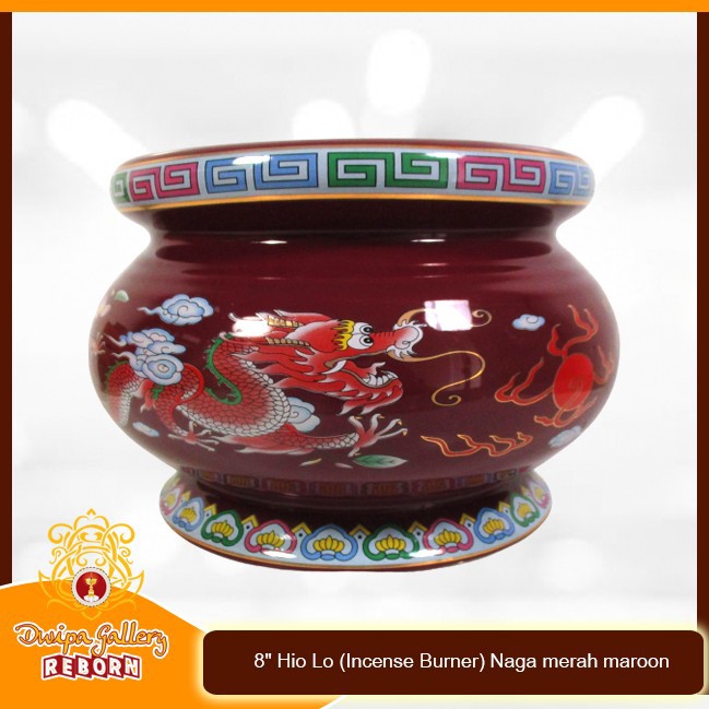 Tempat dupa Keramik 8&quot; Hio Lo (Incense Burner) Naga merah maroon