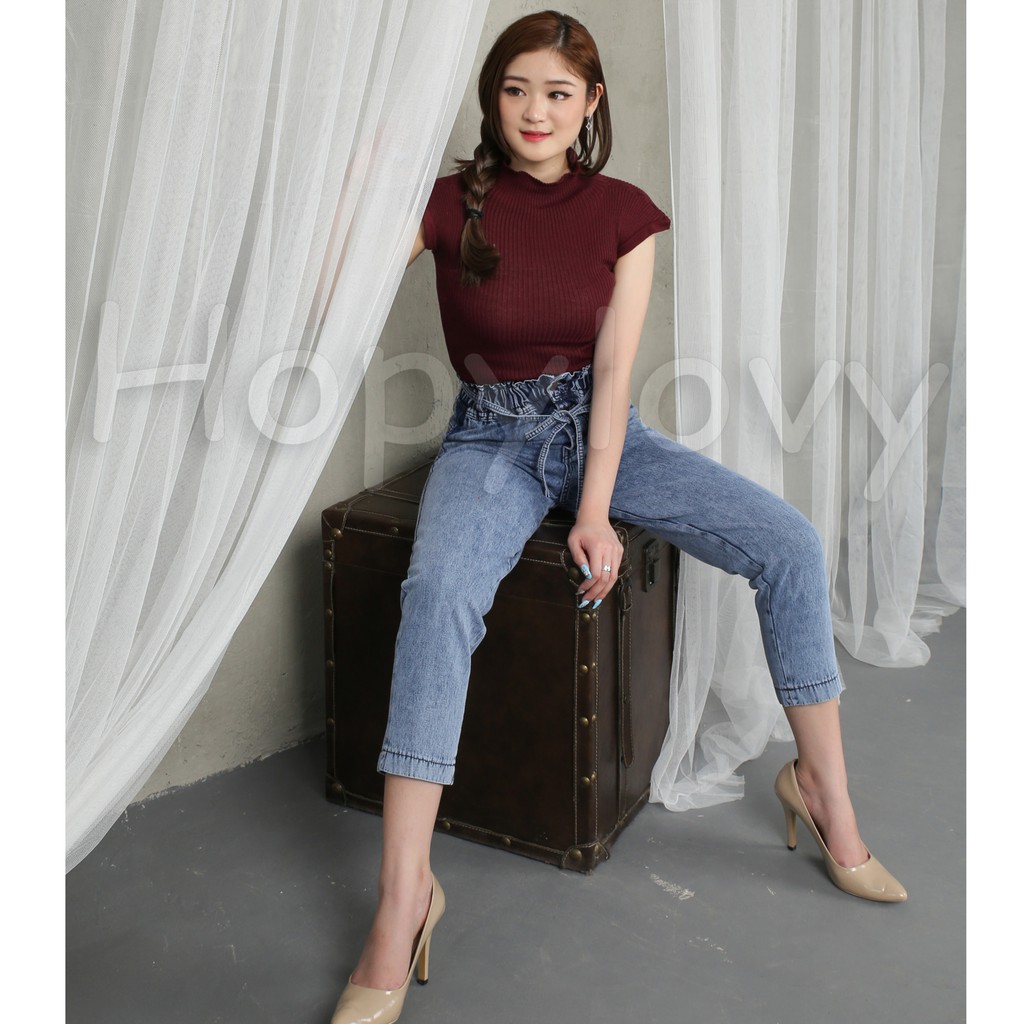 HOPYLOVY - Celana Boyfriend Jeans Wanita Pinggang Karet Baggy Ayuna