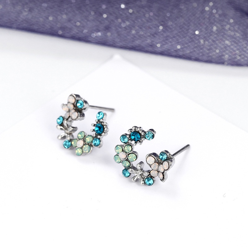 Anting Stud Desain Bunga Biru Hijau Gaya Korea Untuk Wanita