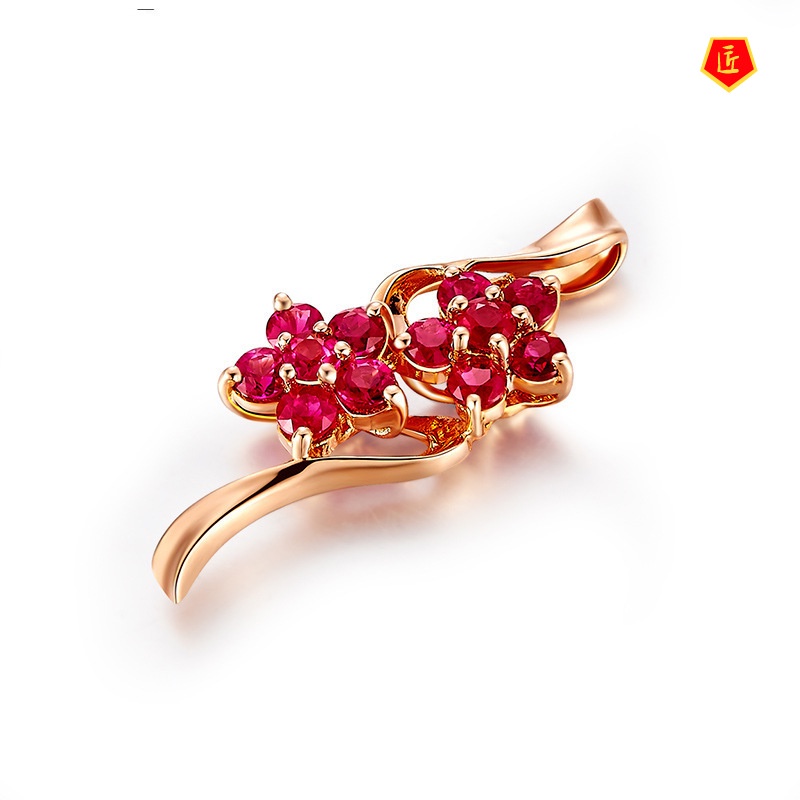 [Ready Stock]Ruby Flower Pendant 18K Rose Gold Elegant Fashion