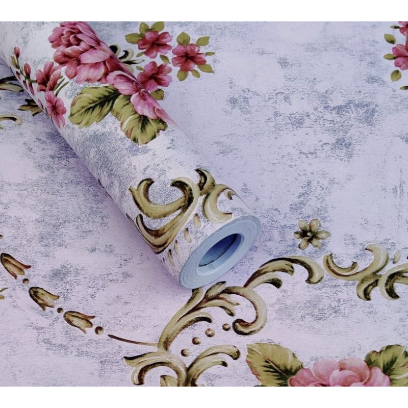 wallpaper dinding murah warna soft pink kombinasi bunga mawar
