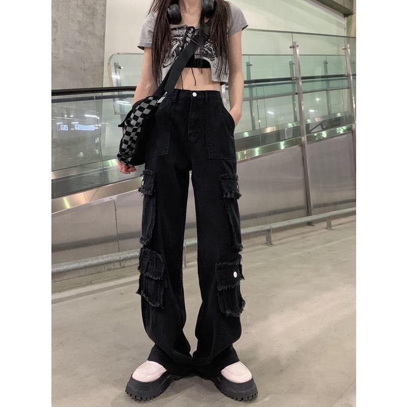 Hip-Hop High Street Raw Edge Jeans Wanita Musim Gugur Manis dan Keren Hot Girl Celana Sembilan Titik Pinggang Tinggi Tipis Longgar Lebar Kaki Overall