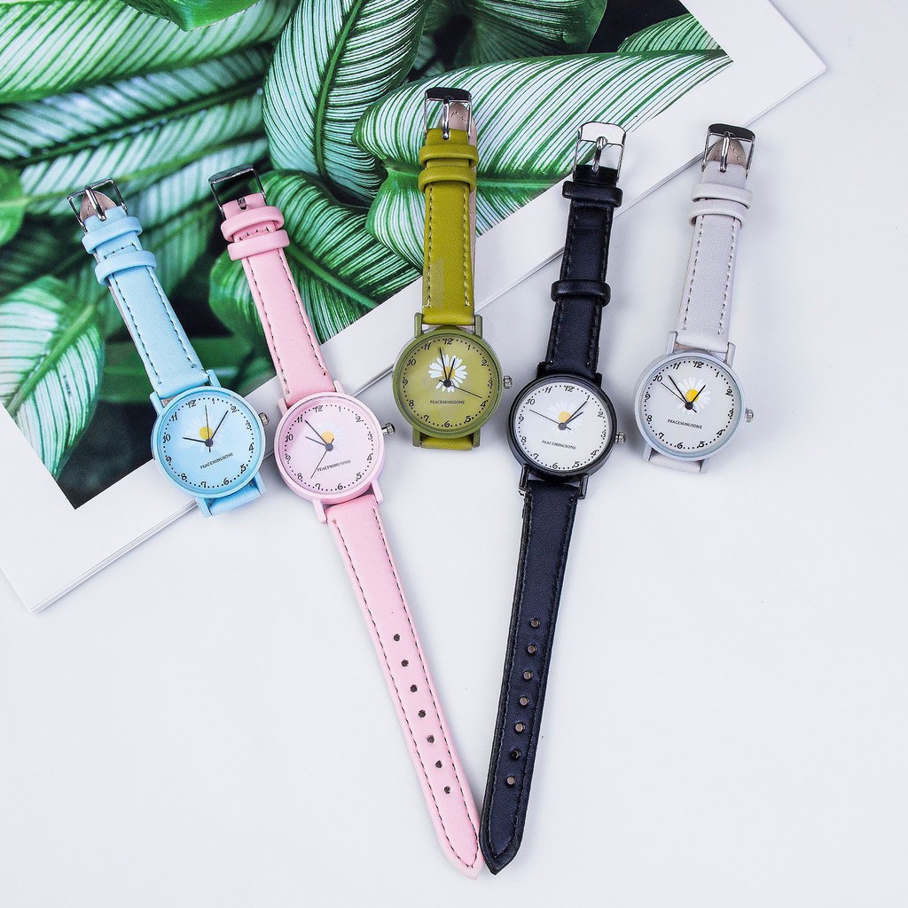 Jam Tangan Wanita Harajuku Strap PU Bunga Daisy Aksesoris Fashion Lucu Casual Import