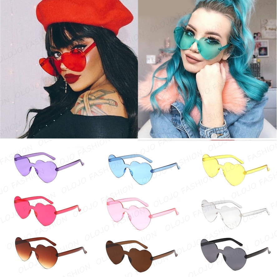 OLOJO   Love Heart Shaped Sunglasses Vintage Tanpa Bingkai Pemangkasan Kacamata Jantung Transparan