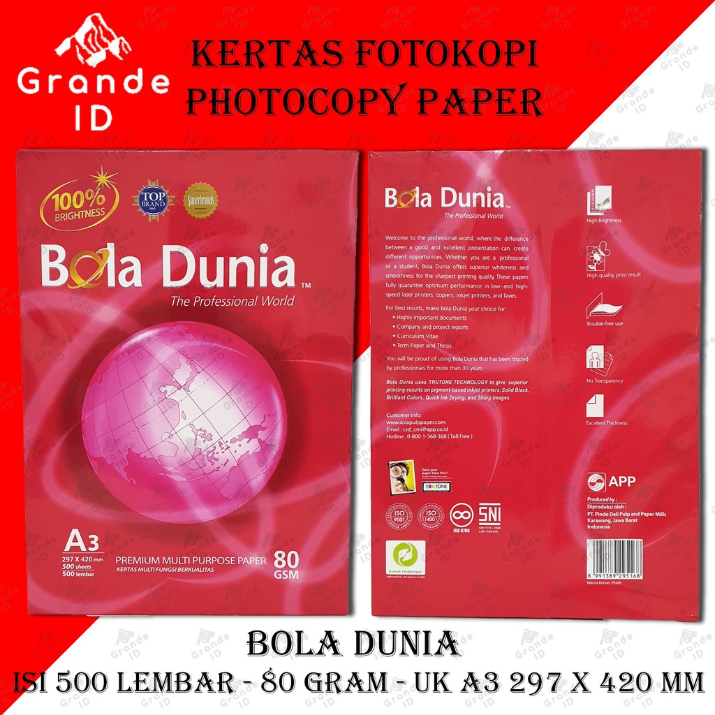 

KERTAS FOTOKOPI BOLA DUNIA 80 GRAM A3 297 X 420 MM ISI 500 LEMBAR