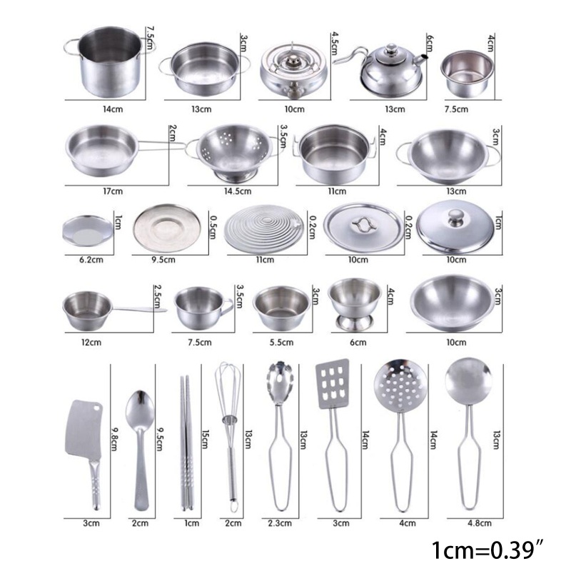 Mary 25Pcs Stainless Steel Mainan Dapur Rumah Anak Anak Berpura-Pura Bermain Peralatan Masak Memasak Playset