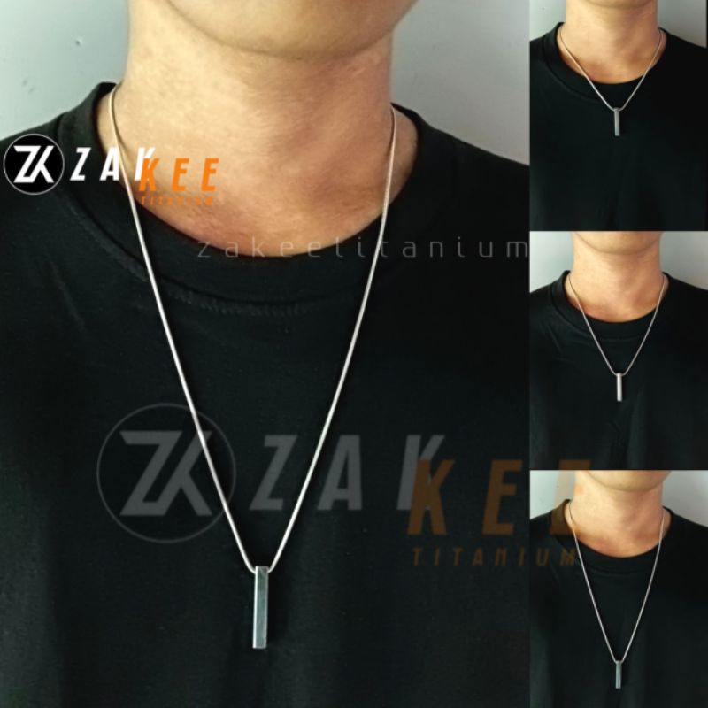 Kalung Titanium Pria Wanita Liontin Silver Balok Anti Karat Cowok Cewek Keren Stainless Steel