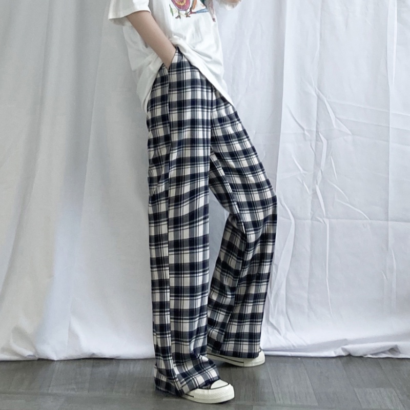 MOOGU ♡ Kasual kotak-kotak celana longgar panjang wanita wide leg pants