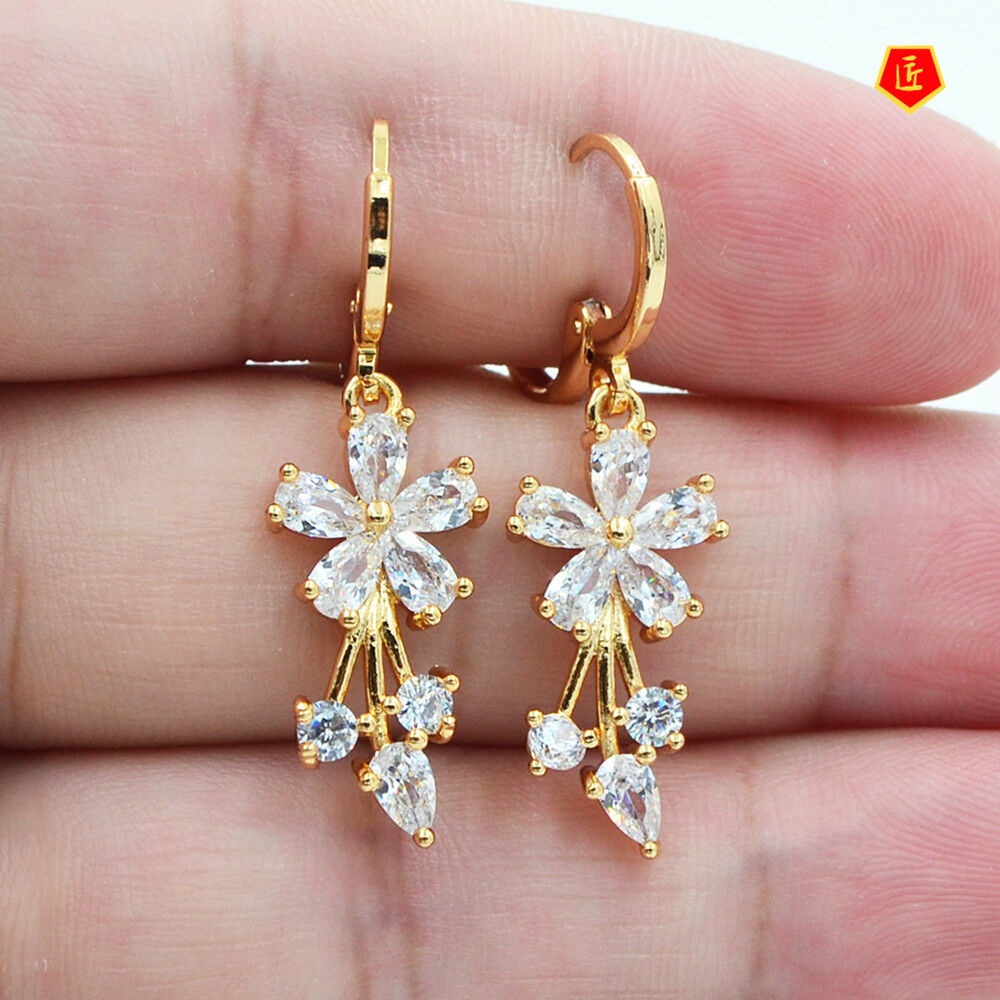 [Ready Stock]Simple Sweet 18K Gold Flower Inlaid Colored Gems Earrings