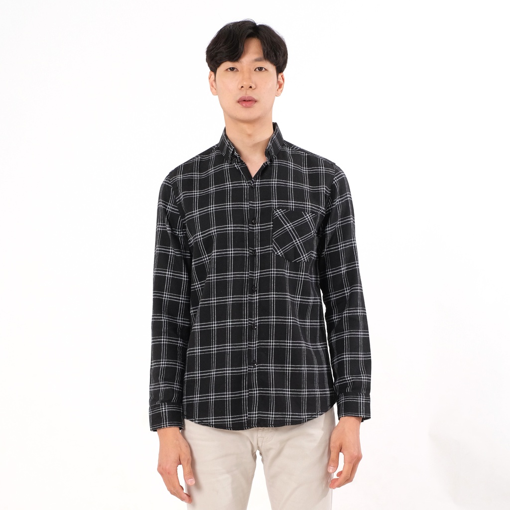 SANVANINA Kemeja Flanel Hitam | Flanel Panjang Premium |Kemeja Flannel Checked Tris Black -  E-8001