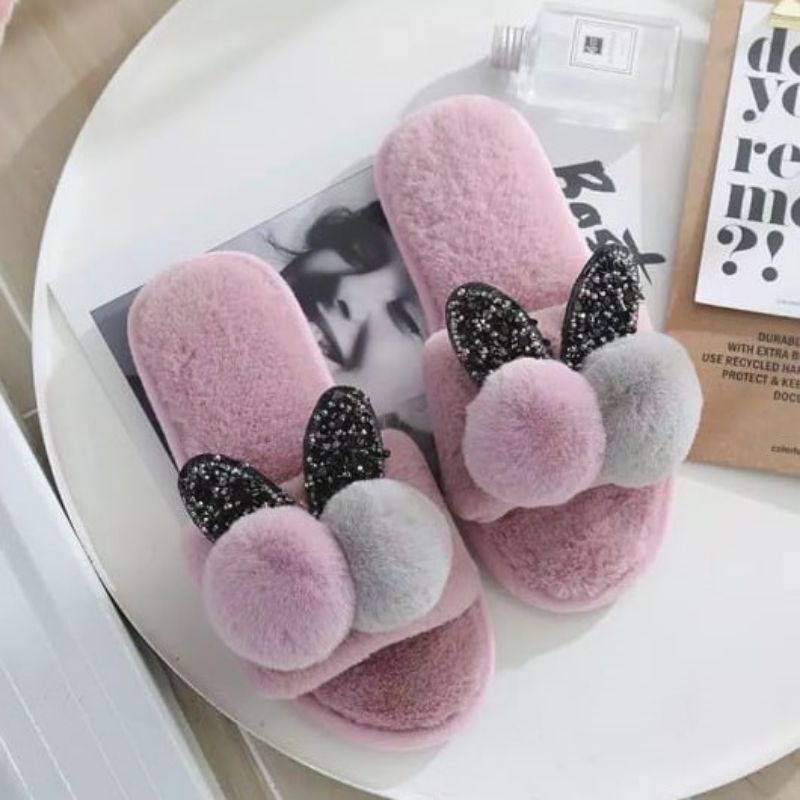 Sandal Wanita Sandal Korea Kokop Bulu Pom-pom Kelinci 36/40