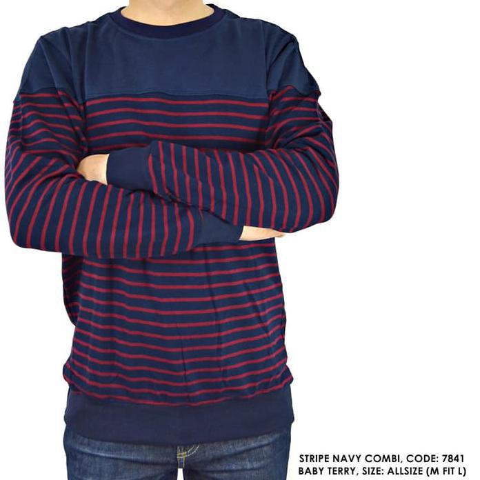Sweater Switer Kaos Polos Kombinasi Salur Garis Cowok Pria Best Quality