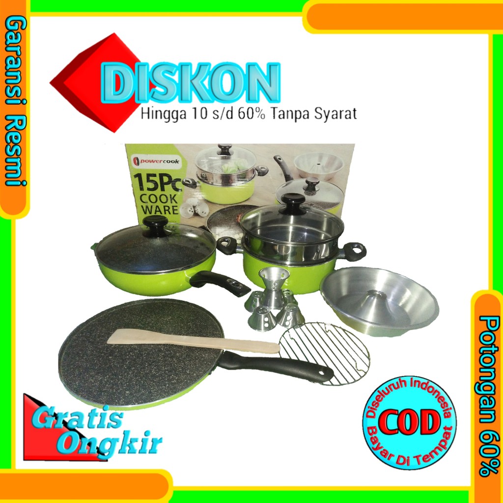 Panci Set Keramik 15 Pcs POWERCOOK Penggorengan Serbaguna Anti Lengket Dilengkapi Pemanggang Ayam