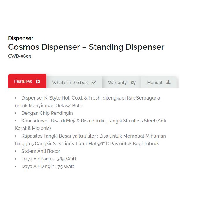 DISPENSER COSMOS CWD-5603 CWD5603 CWD 5603 HOT AND COOL KHUSUS AREA KOTA PONTIANAK