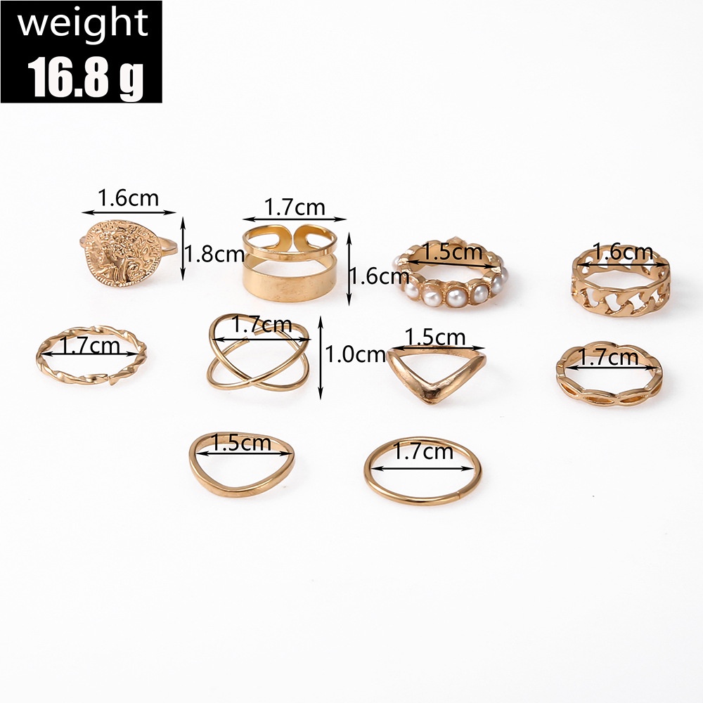 【COD Tangding】10pcs / Set Cincin Model Hollow Aksen Mutiara Gaya Punk Eropa Amerika