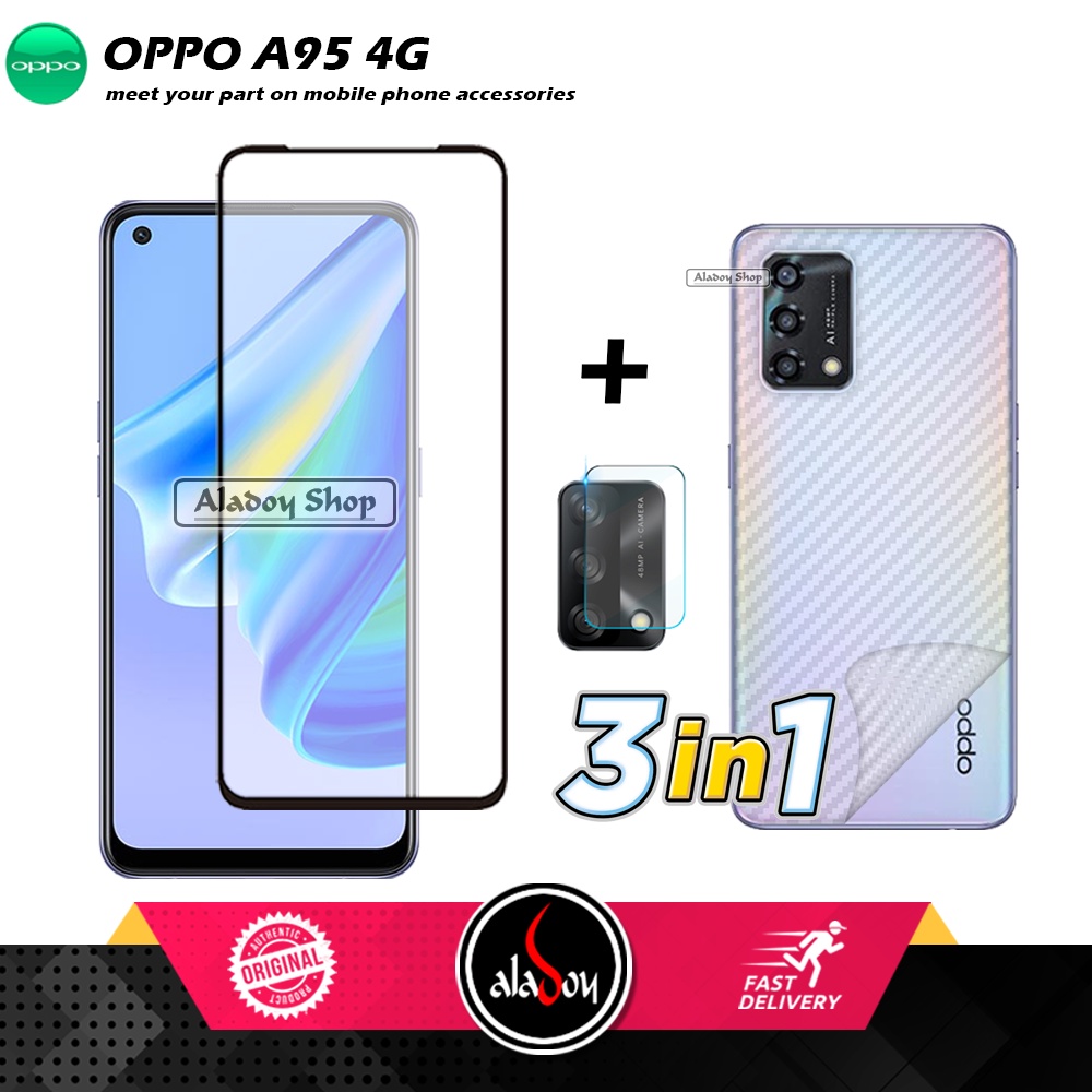 PAKET 3 IN 1 Tempered Glass Layar Oppo A95 4G Free Tempered Glass Camera dan Skin Carbon