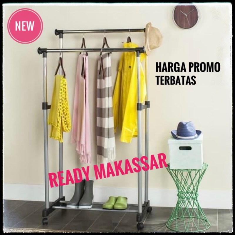 Stand Hanger Double Rod Rack / Rak Gantung Pakaian 2 Lapis Rak Serbaguna Baju Gantungan Roda Laundry Pajangan Display Stand Hanger RAK1 MAKASSAR