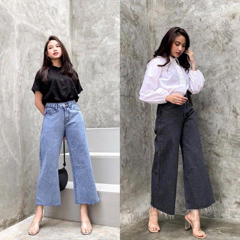 HighWaist Kulot Jeans Unfinished / Celana Kulot Snow Acid / HW Kulot Snow Black