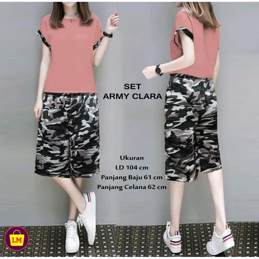 TERMURAH Baju Setelan Pakaian Wanita SET ARMY CLARA Motif Loreng Tentara Trendy Terkini LMS 20255