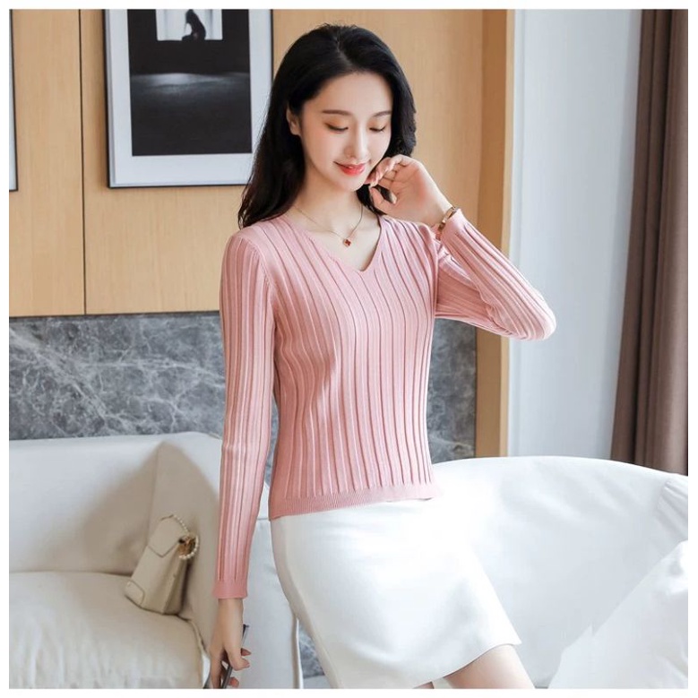 Sweater Basic V neck Soft Knit Import - Blouse Rajut Polos V neck TM (C506)