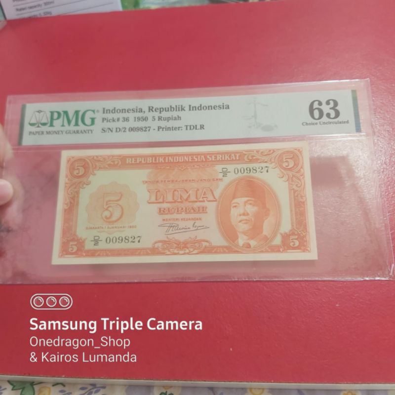 Uang Kertas Kuno 5 Rupiah RIS Tahun 1950 Soekarno Sukarno PMG 63