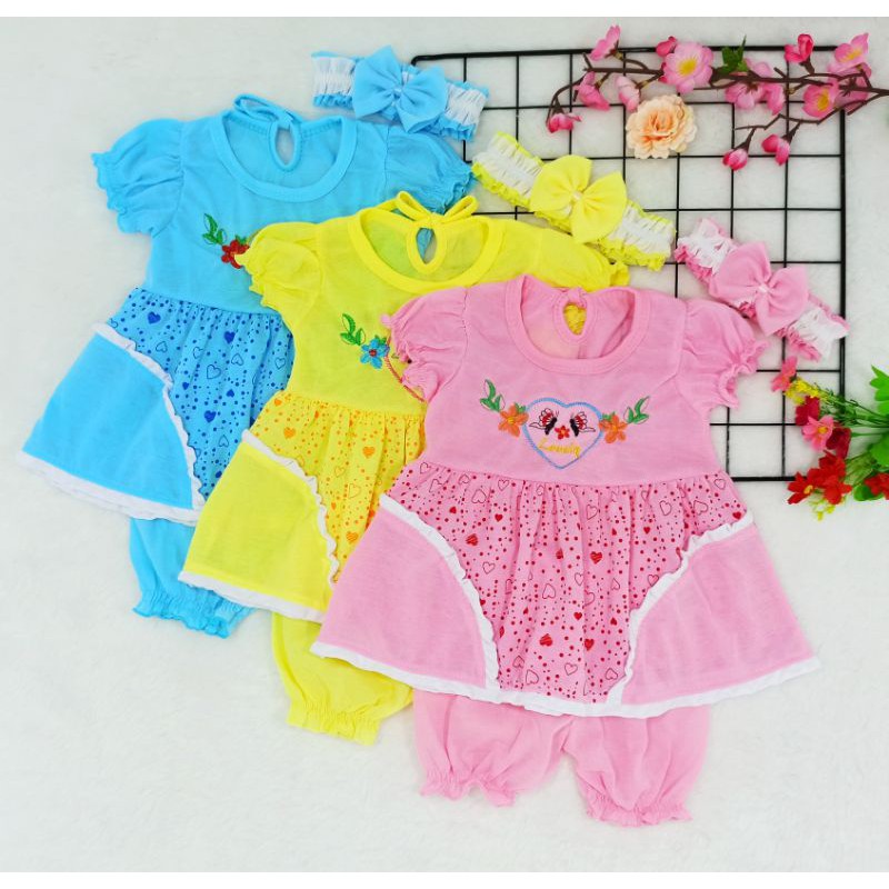[Ss-7025] Pakaian Bayi Perempuan 0-9bulan Free Bando, Setelan Dress Anak New Born, Baju Anak Cewek