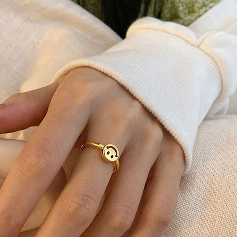 Cincin Jari Buckle Geometris Smiley Face Dapat Disesuaikan Warna-Warni Gaya Vintage Korea Untuk Pasangan