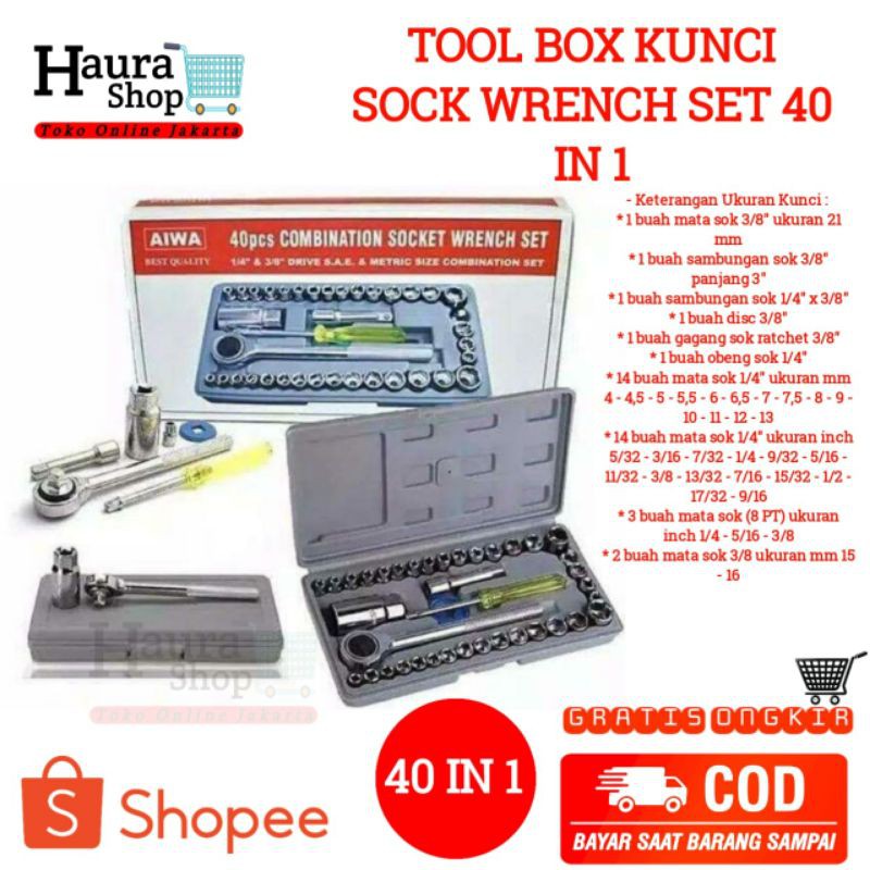 Tool Kit 40 ini 1 Kunci Sock - Pas - SHOCK - Sok Obeng Alat Bengkel Set Termurah