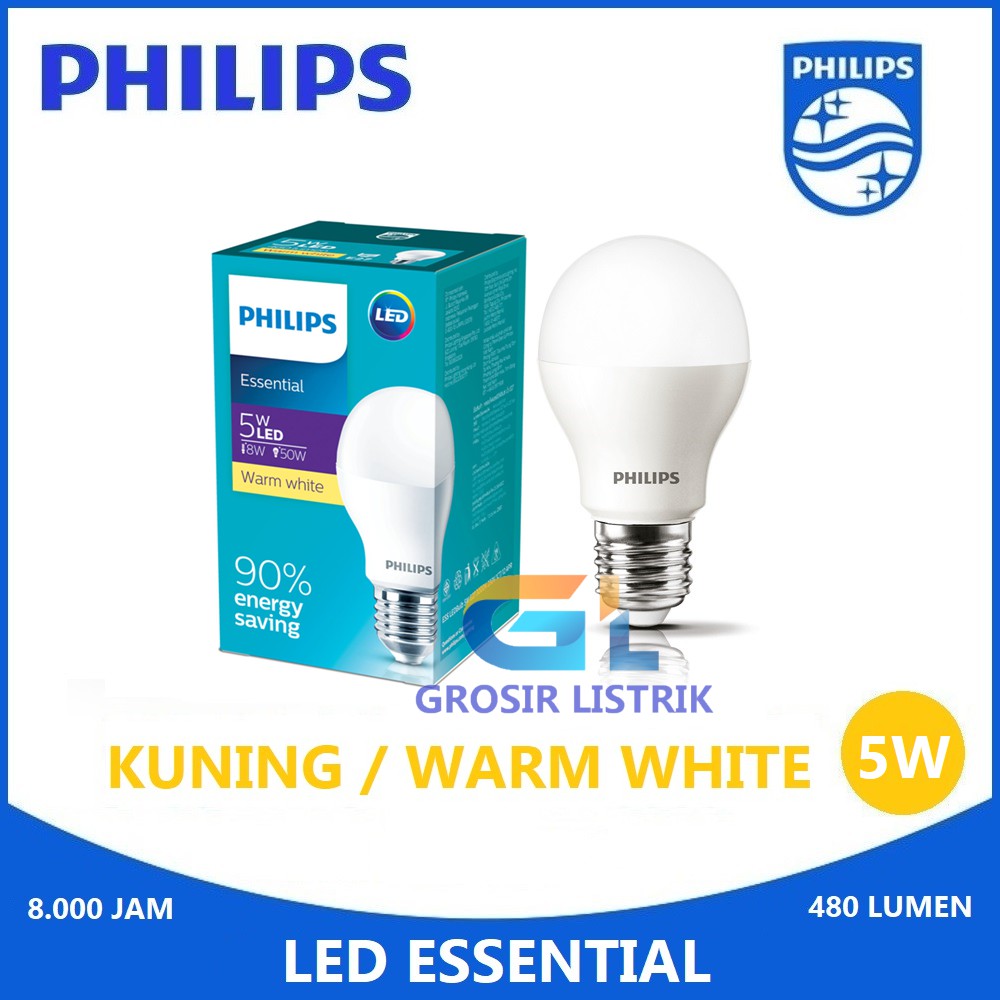 Lampu Philips LED Essential 5W Kuning Warm White 3000K (5 Watt 5 W 5Watt) Original Grosir Promo