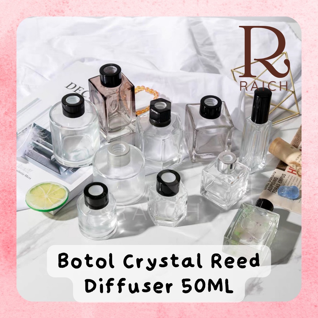 50ml Botol Reed Diffuser Tutup Aromatherapy Tebal Kaca Crystal Hitam Rose Gold Silver