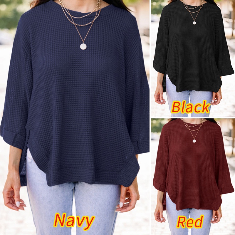 ZANZEA Women Retro O Neck Full Sleeve Casual Split Hem Loose Blouse