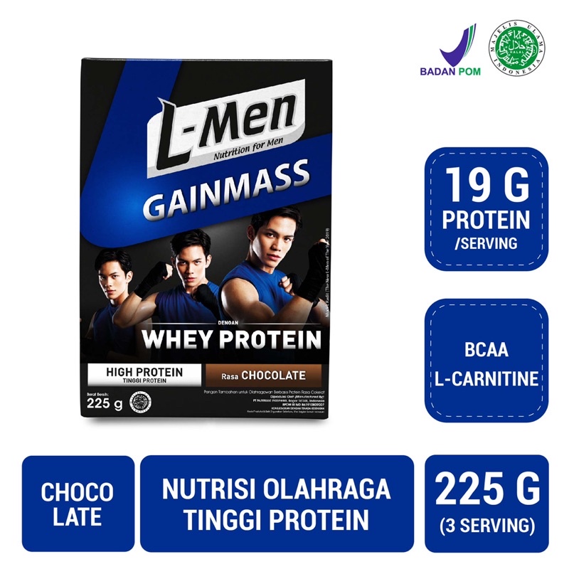 [CASHBACK 5%] L-Men Gain Mass Chocolate / Taro / Banana 225 gram - Suplemen Penambah Massa Otot Tinggi Whey Protein