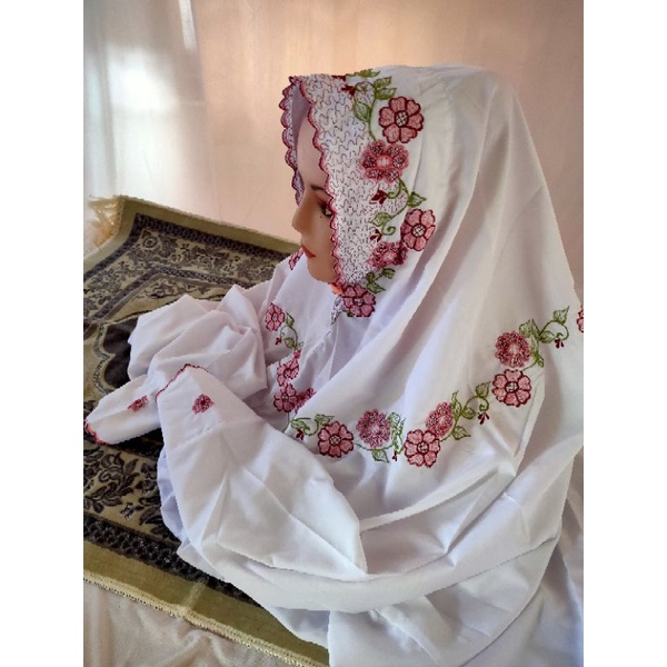 MUKENA DEWASA TERUSAN PANJANG BORDIR BUNGA BAHAN KAIN KATUN POLINO MIKRO PREMIUM SILK | RUKOH PESANT