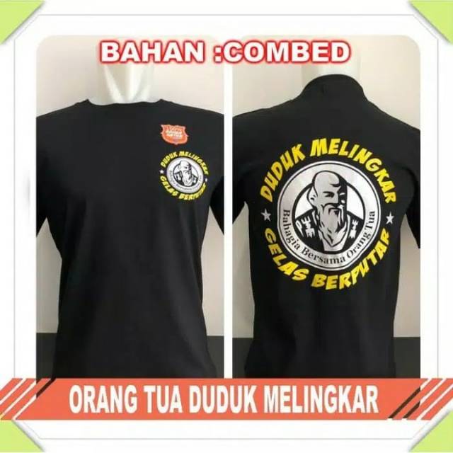 Kaos sablon duduk melingkar gelas berputar hitam