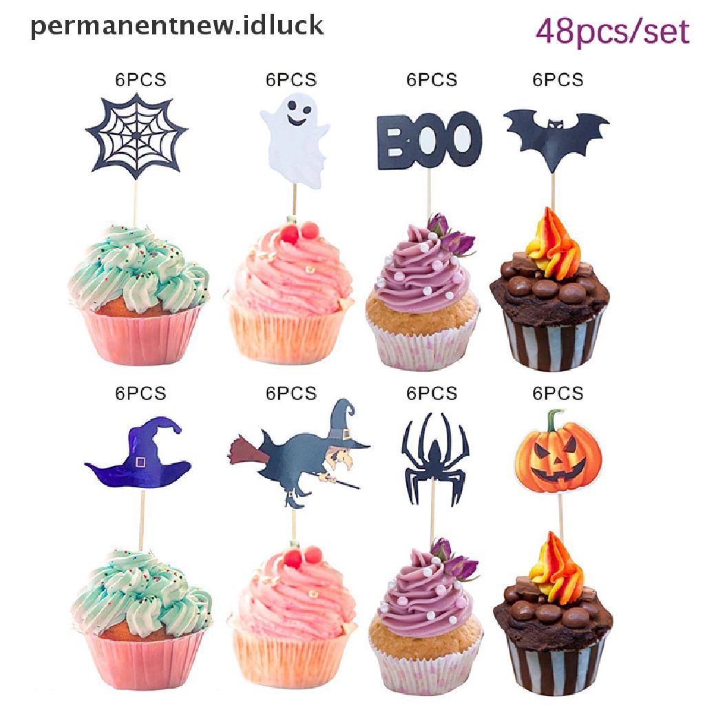 48 Pcs Topper Cupcake Desain Kartun Hantu Halloween Untuk Dekorasi