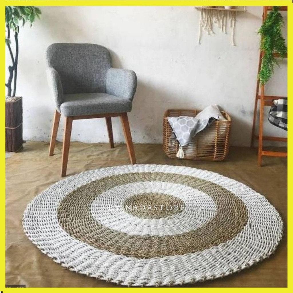 Rug Seagrass 120 cm Motif Putih Natural Kombinasi / Tikar / Karpet bulat anyaman