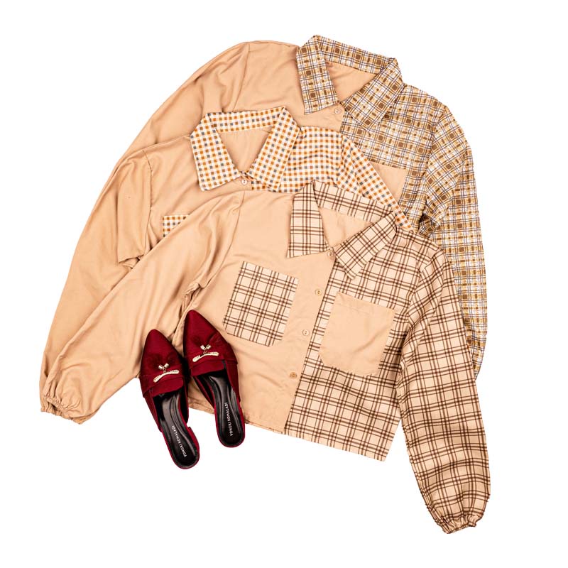 SALE!!! Mika Crop Top / Kemeja Crop Wanita Tartan / Kemeja Two Tone Kotak-8