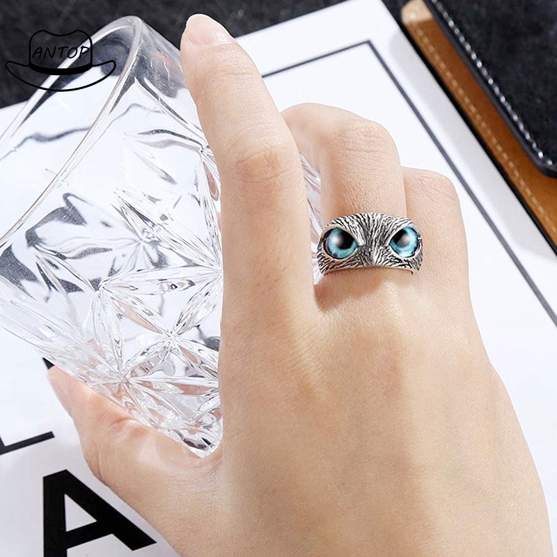 Vintage Style Burung Hantu Kristal Cincin Perak Hewan Pria Wanita Perhiasan Fashion Punk Crystal Rings ANTOP