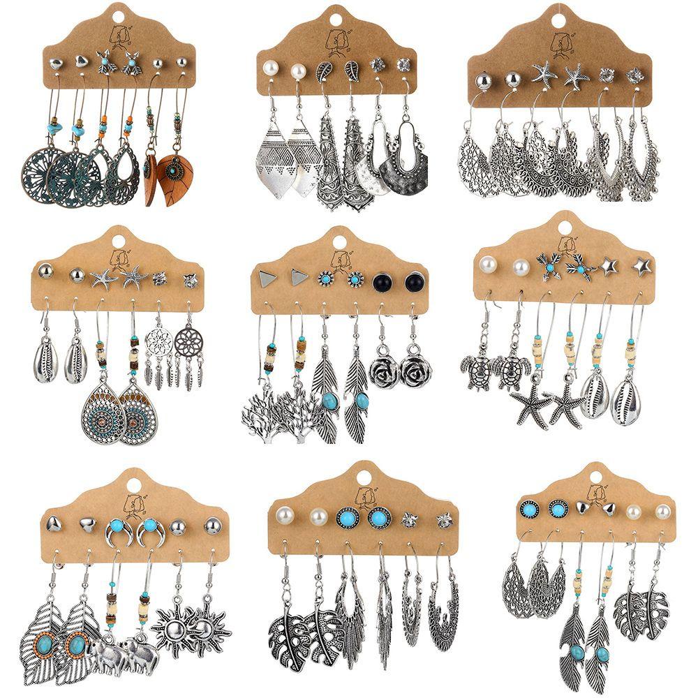 Preva Turquoise Earrings Set Anting Wanita Bohemian Warna Silver Panjang