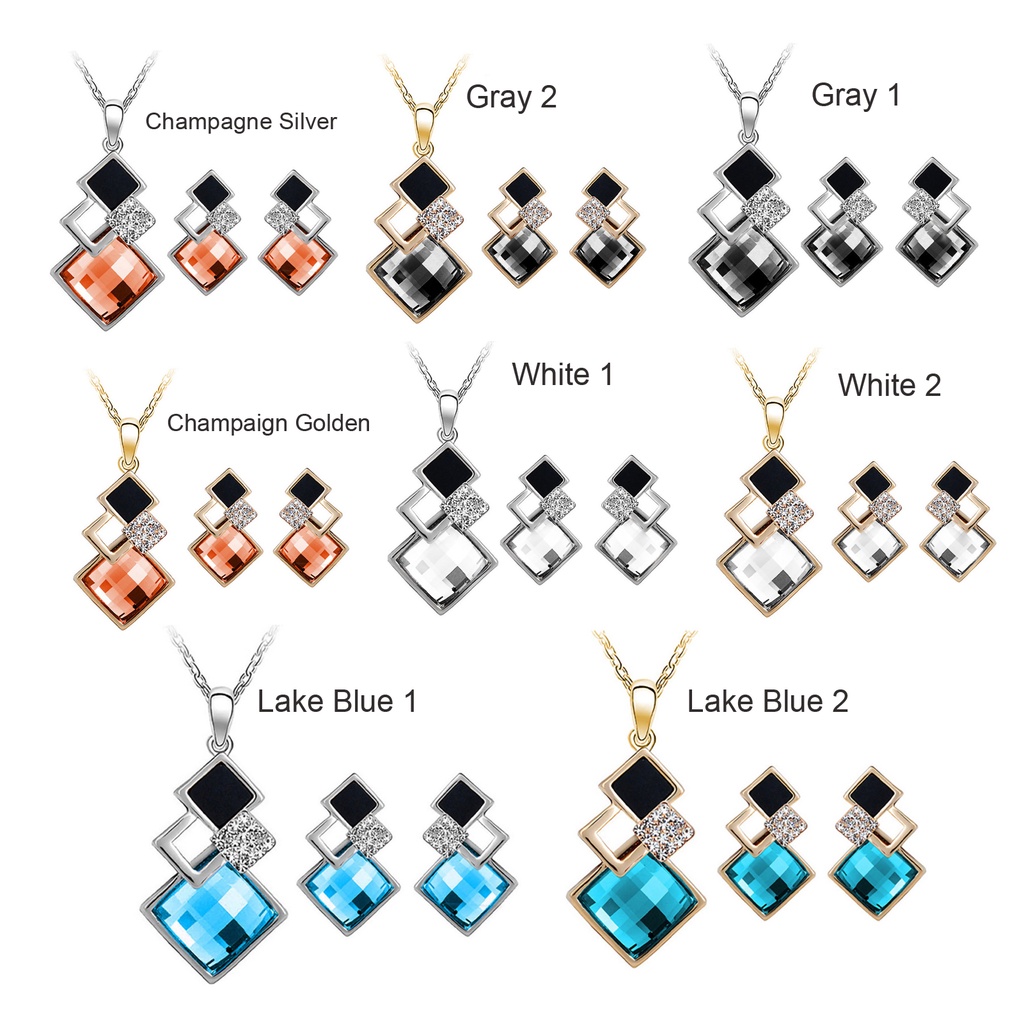 Hu Hu Hu Hu Hu Alat Bantu Pasang Kacamata♡ 2pcs / Set Anting Tusuk + Kalung Liontin Geometri Hias Kristal Imitasi Bahan Alloy Untuk Wanita