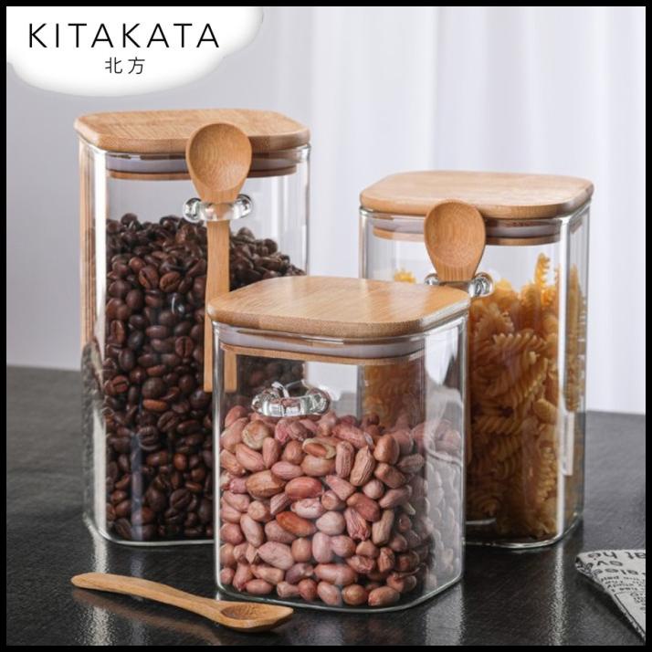 Kitakata Toples Kaca Penutup Kayu Kedap Udara Transparan + Sendok Kayu