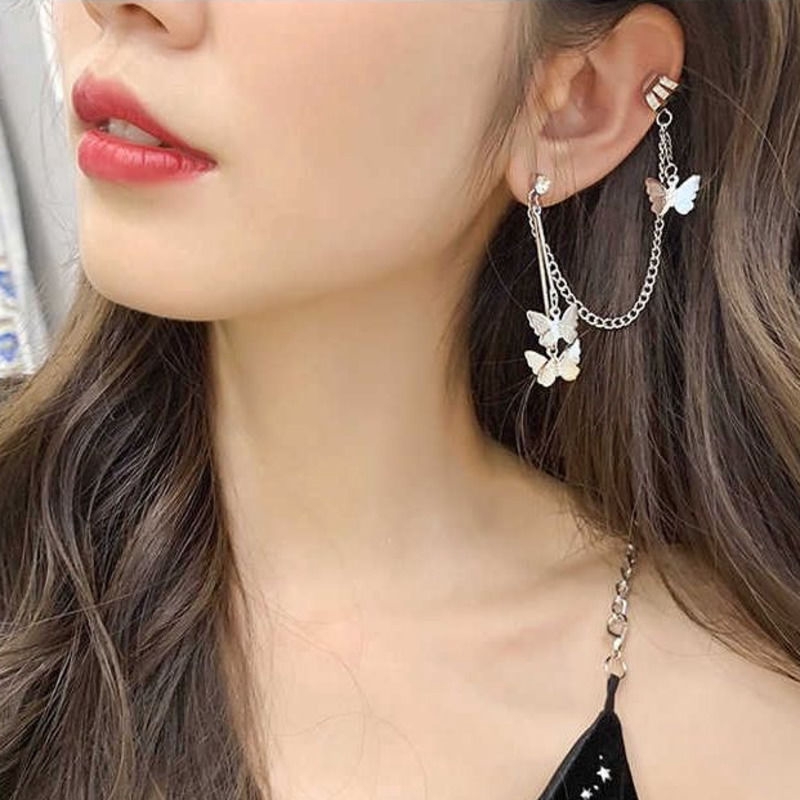 Anting Kupu-kupu Dengan Rantai Klip Telinga Kepribadian Fashion Tidak Perlu Anting Tindik Klip Tulang Telinga