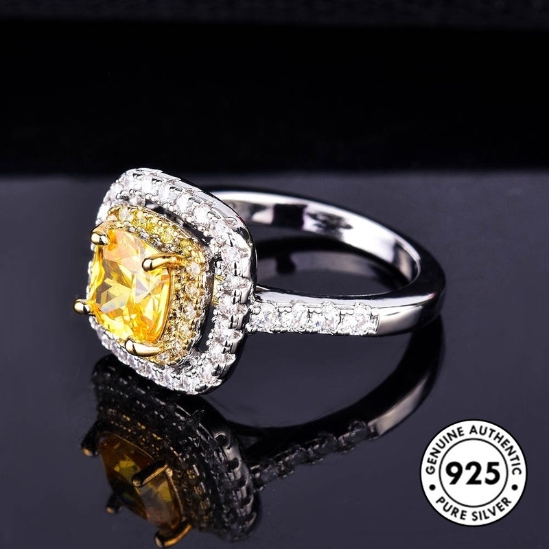 Cincin Berlian Kuning Bahan S925 Silver Untuk Wanita